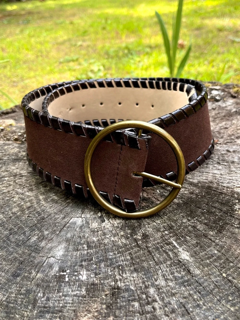 Nine West Genuine Leather Suede Chunky Brown Belt Gold Buckle Boho Festival Y2K